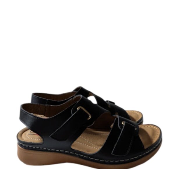 Comfort-Well by Beacon Black Leather Strappy Buckle Detail Comfort Sandal Size 7 - Picture 2 of 7